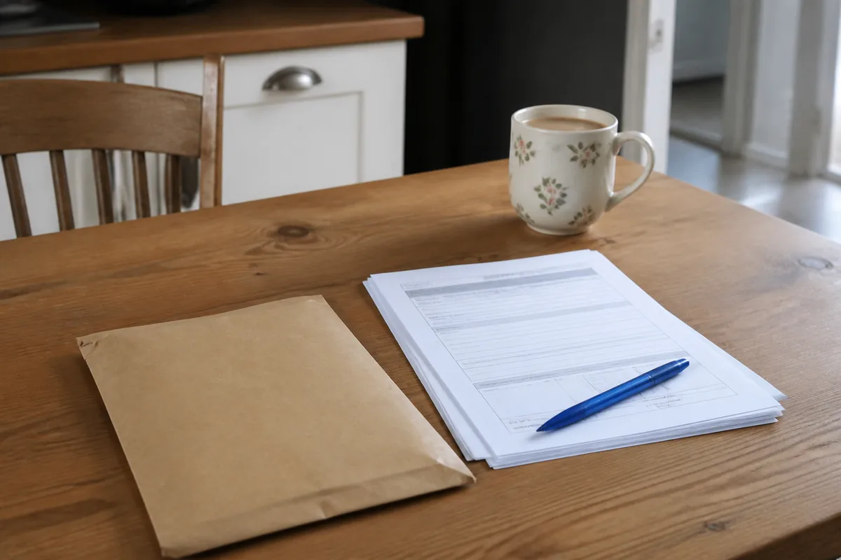 A brown envelope, blank forms and a pen on a UK kitchen table