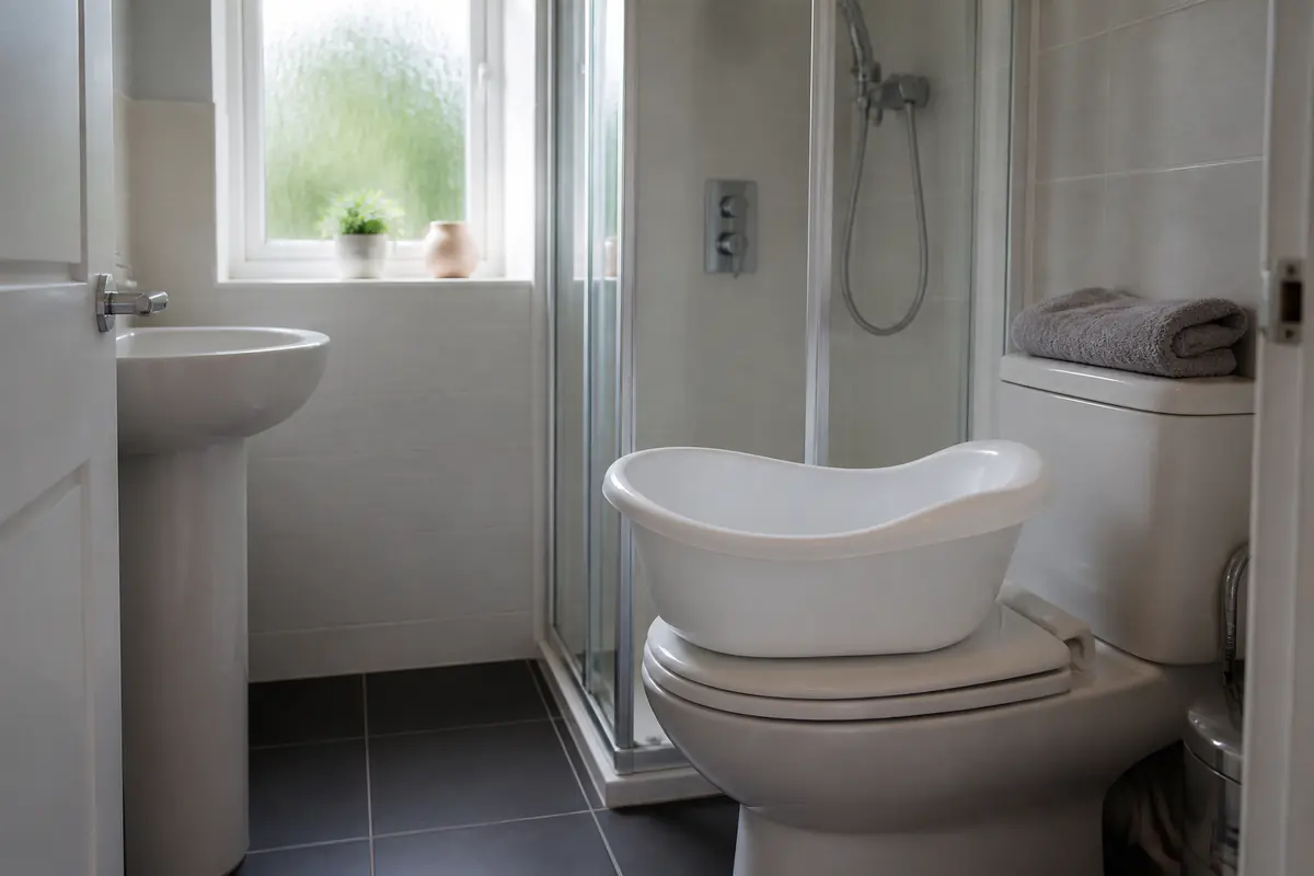 A small baby bath on a closed toilet lid in a UK bathroom