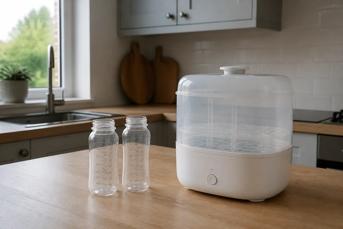 Two empty baby bottles and a compact steam steriliser on a kitchen worktop