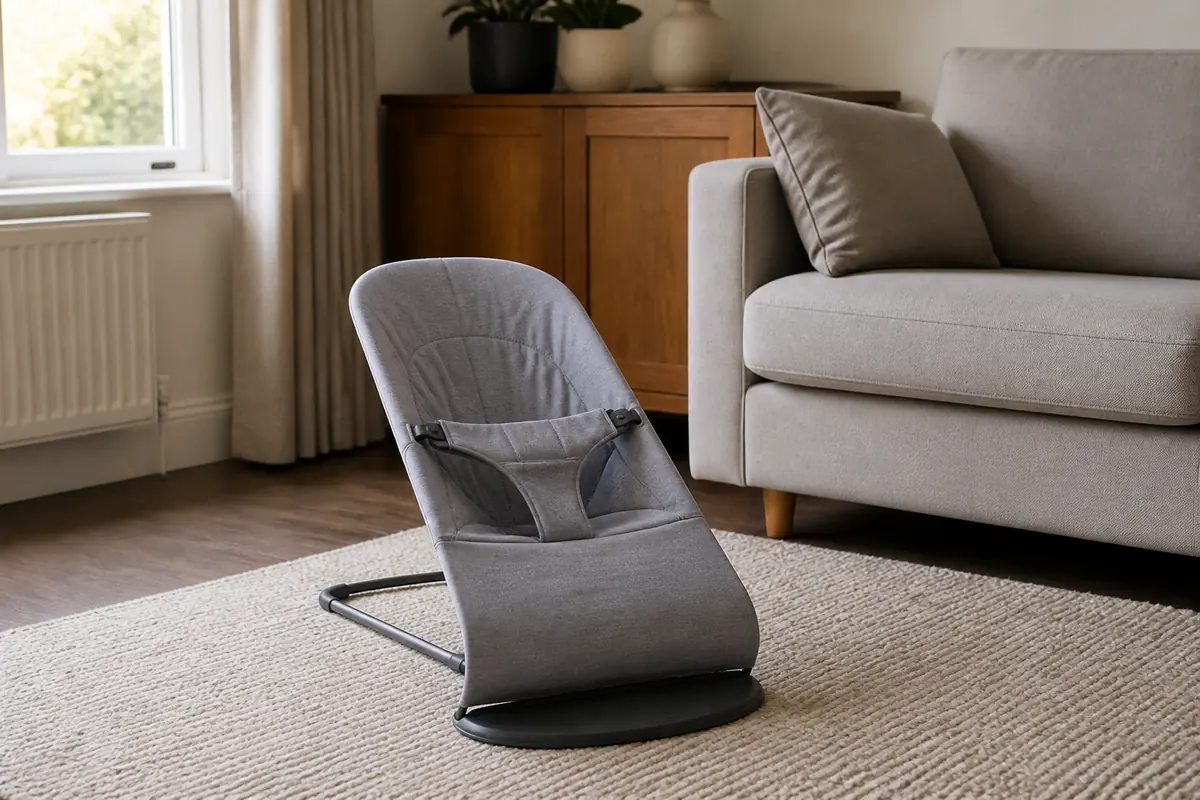 A simple baby bouncer on a living-room rug, empty