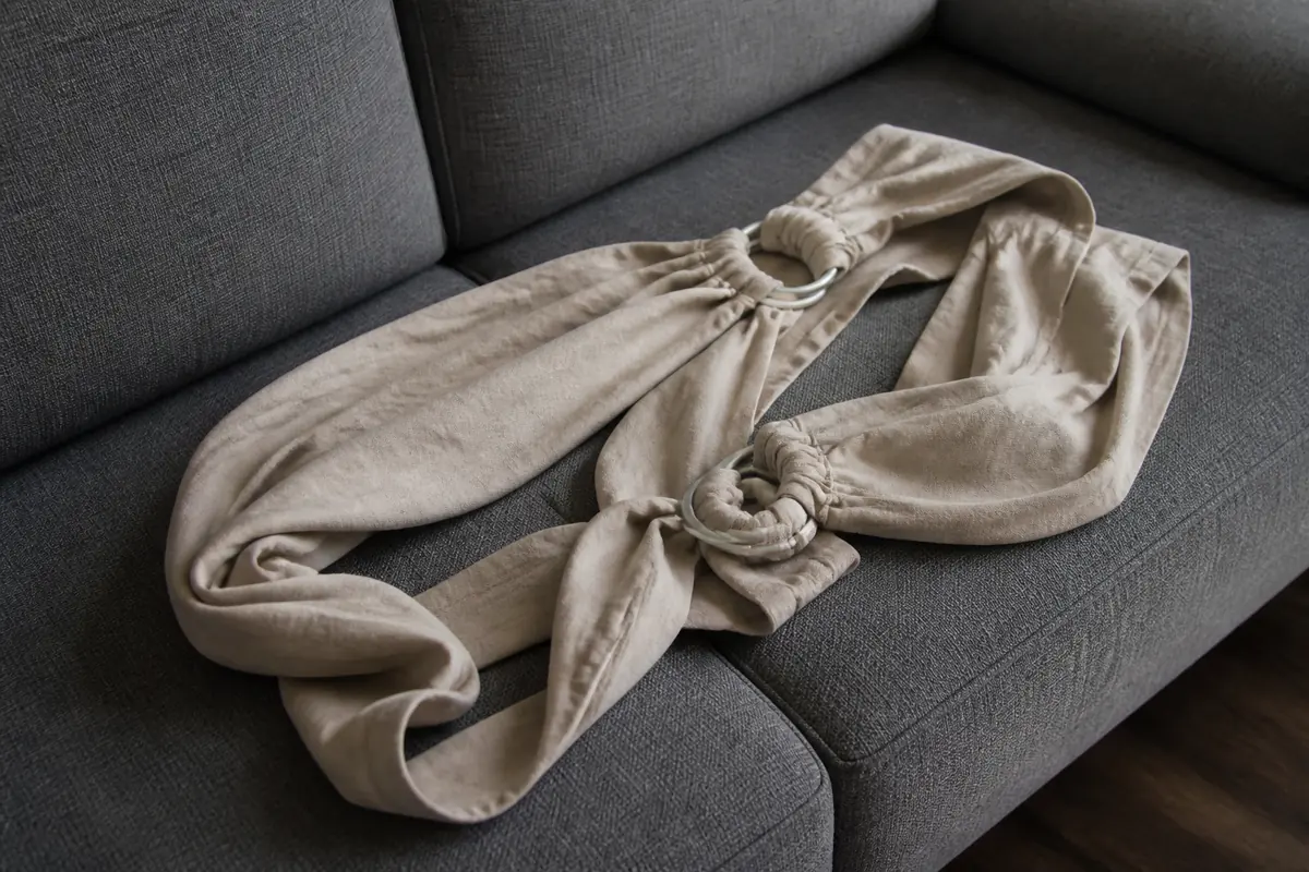 A soft baby sling laid flat on a sofa, empty, straps visible