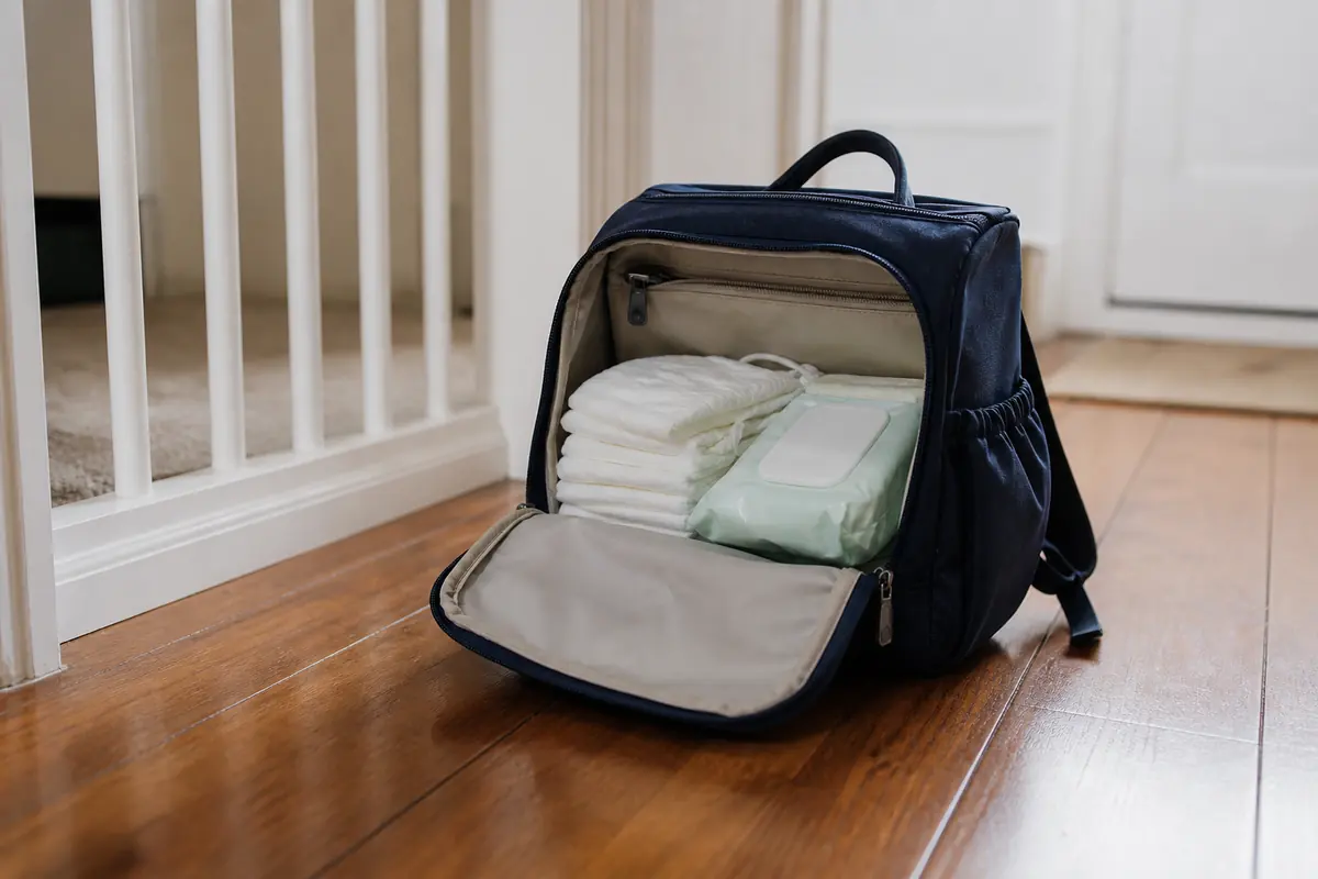 An open changing backpack with nappies and wipes on a hallway floor