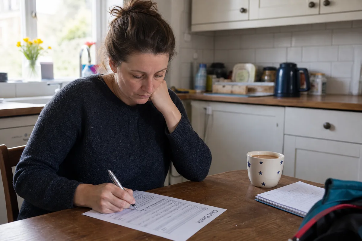A parent at a UK kitchen table with a paper form and a mug of tea