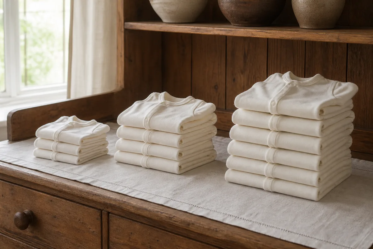 Three stacks of plain cream baby sleepsuits in different sizes on a dresser