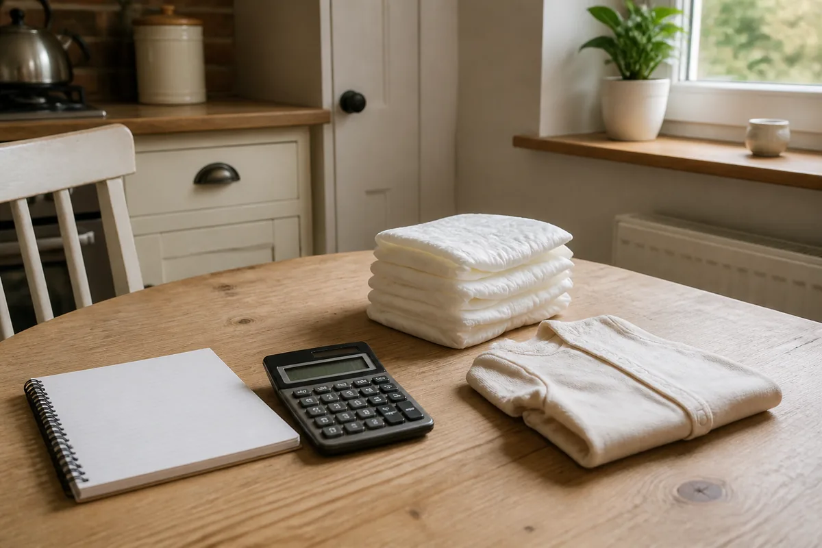 A notebook, calculator and papers on a UK kitchen table