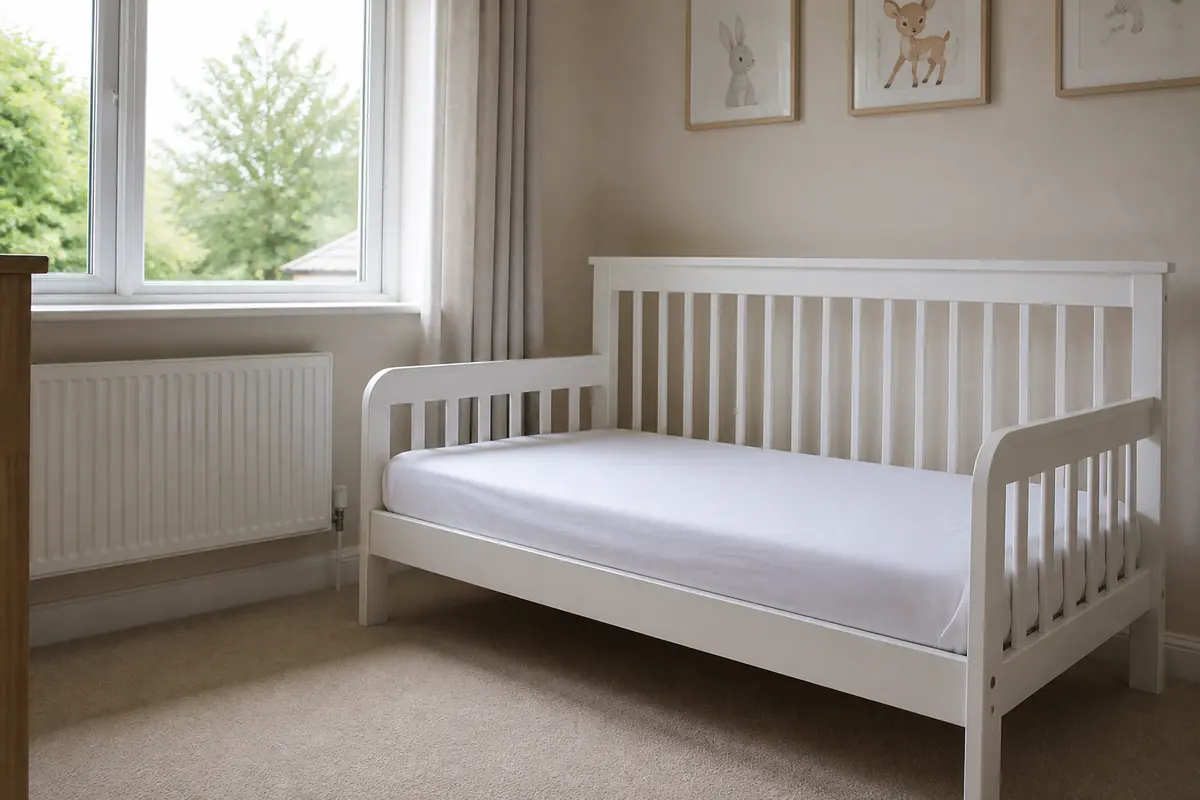 A cot-bed with the side lowered, firm mattress, no bumpers