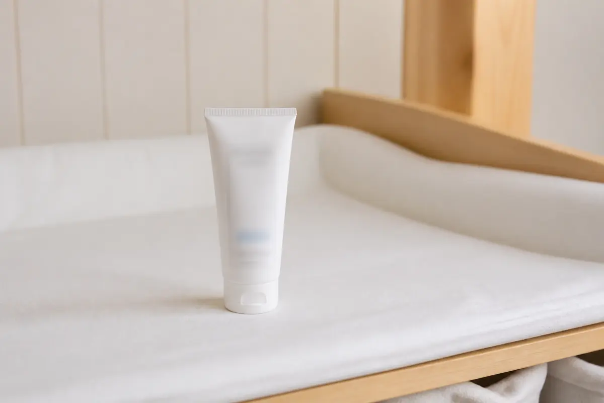 A tube of barrier cream standing on a white changing mat