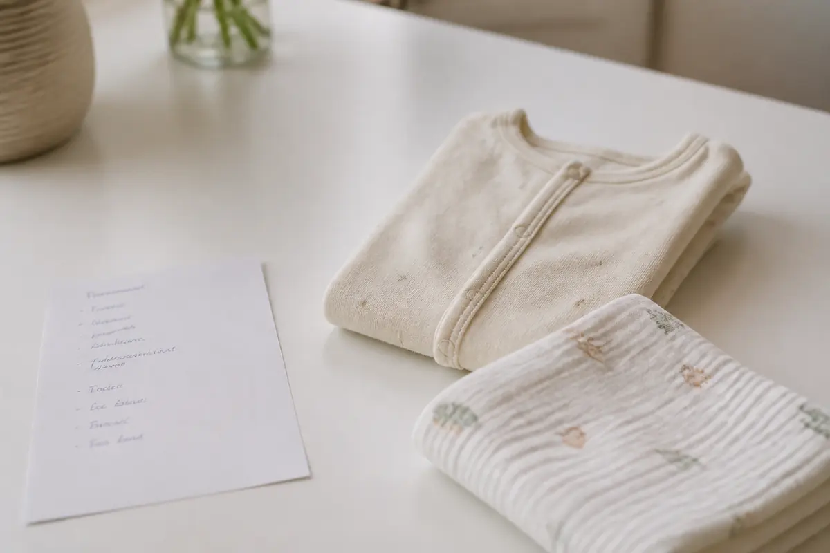 A short list on paper next to one sleepsuit and a muslin, not a piled hamper