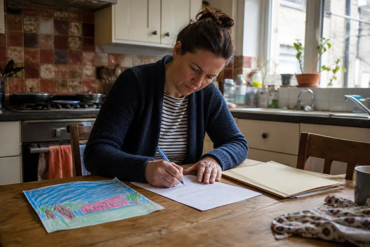 A parent filling in a paper form at a UK kitchen table beside a child’s drawing