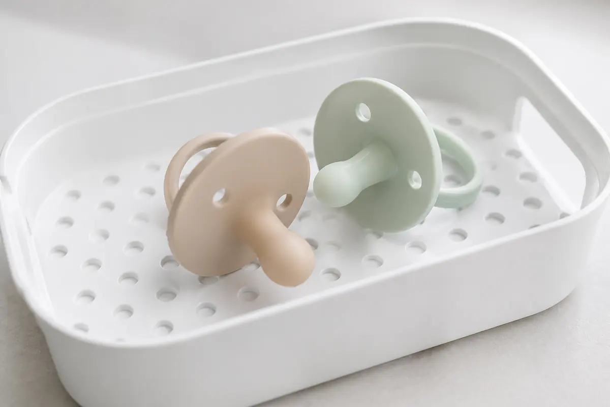 Two plain soothers on a sterilising tray, no packaging slogans