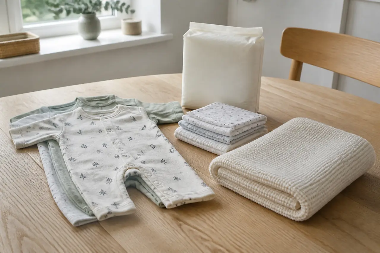 A modest newborn kit: sleepsuits, muslins, nappies and a cellular blanket