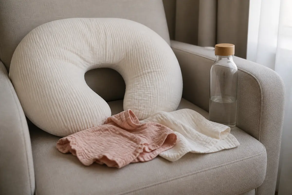 Muslins, a water bottle and a feeding pillow on an armchair, nobody feeding