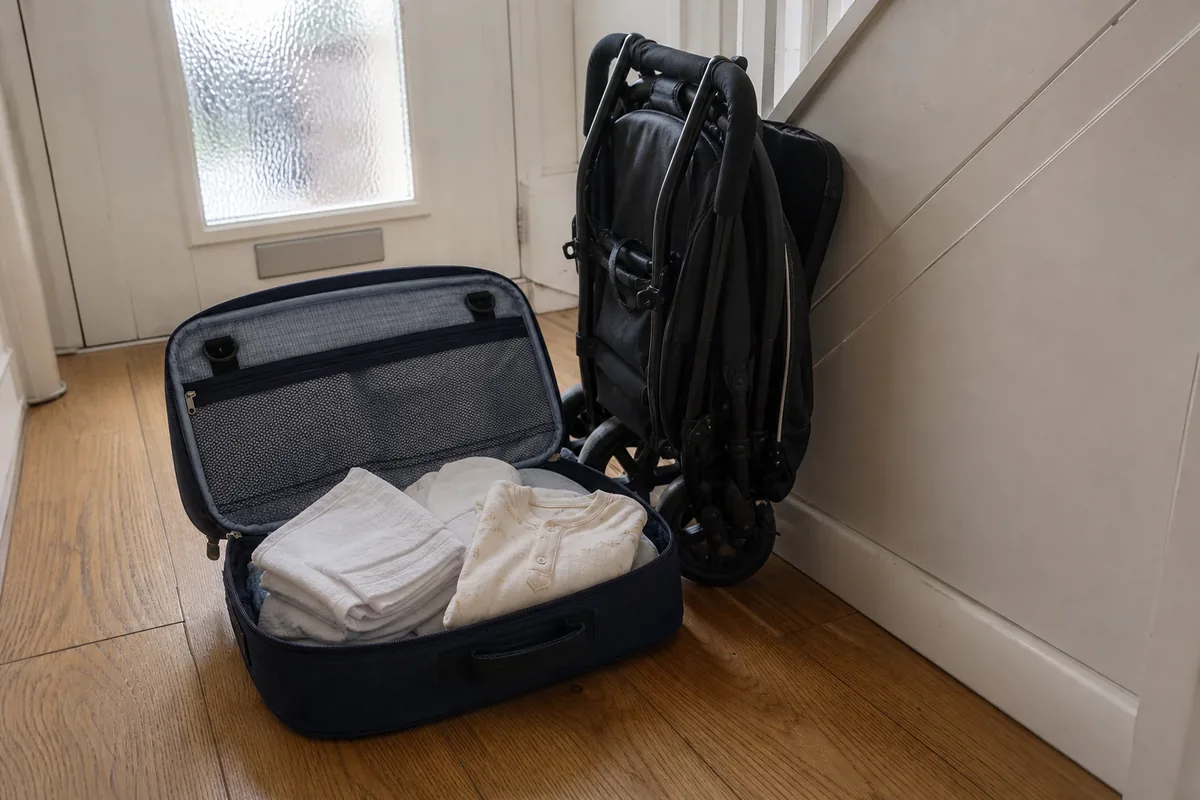 An open cabin bag with muslins beside a folded compact pushchair in a hallway