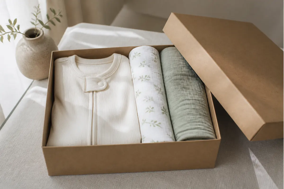 A boxed newborn set with a sleepsuit and muslins, lid open