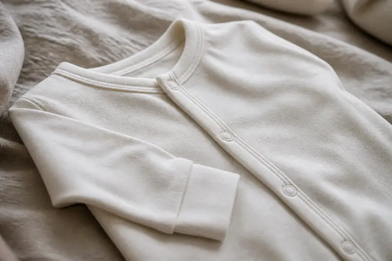 Close-up of cream organic cotton sleepsuit fabric and poppers
