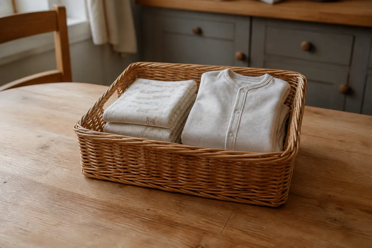 A small wicker hamper holding muslins and a plain sleepsuit