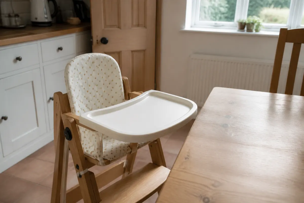 A wooden high chair at a UK kitchen table, tray empty