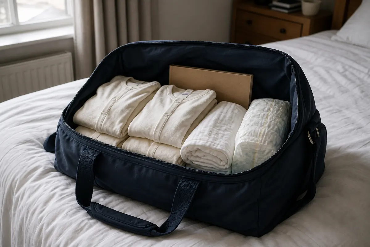 An open hospital holdall with sleepsuits, nappies and a notes folder on a made bed