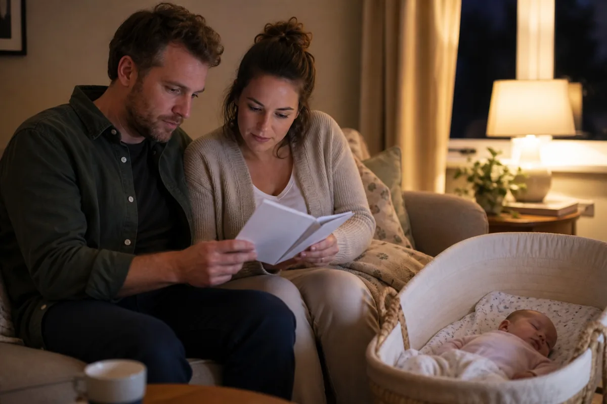 Two adults on a sofa with a sleeping baby nearby, looking at an unbranded booklet