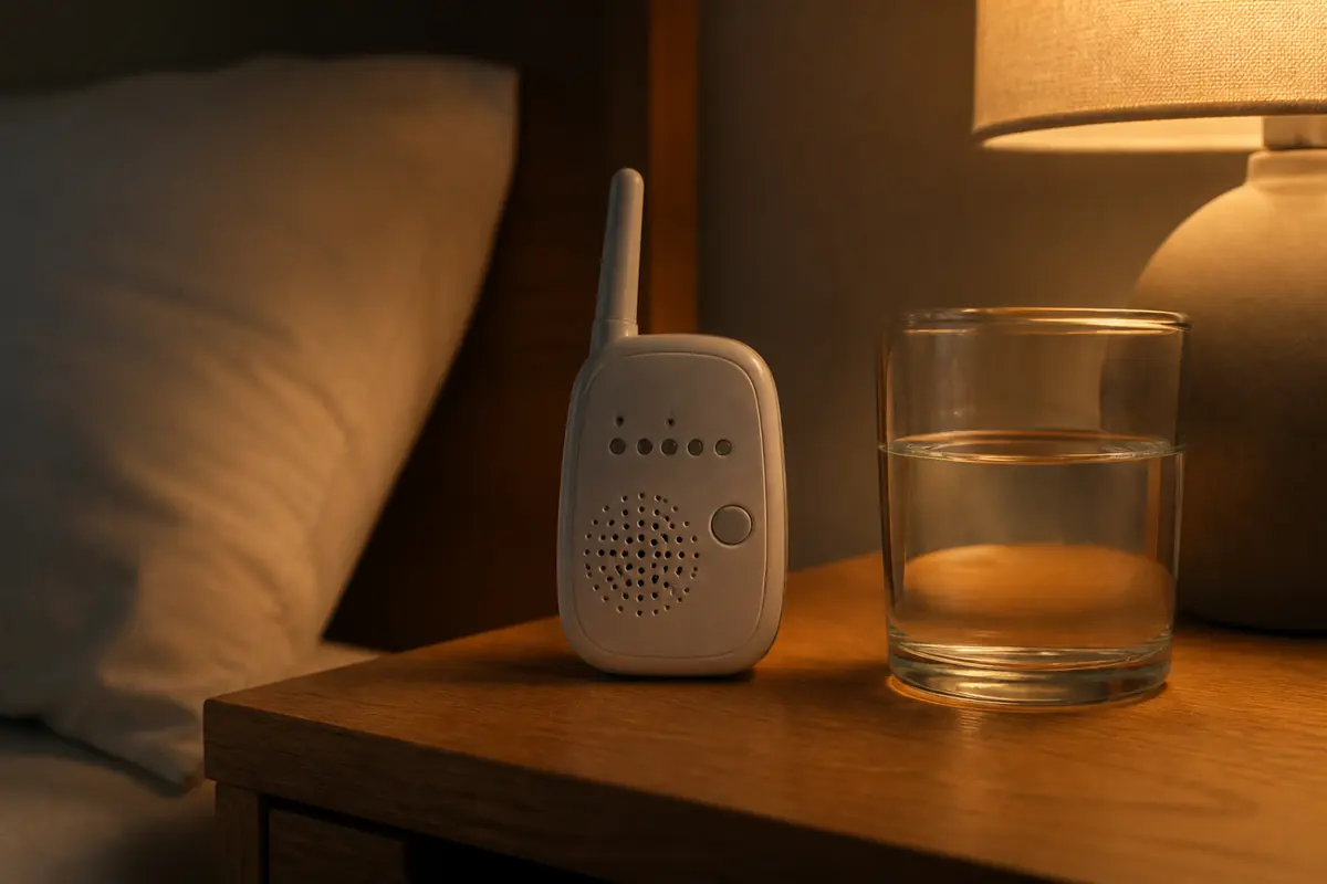 A simple audio baby monitor parent unit on a bedside table