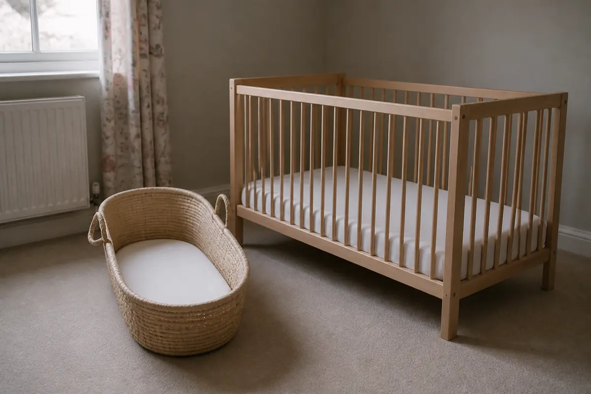 A Moses basket beside a full-size cot in the same bedroom