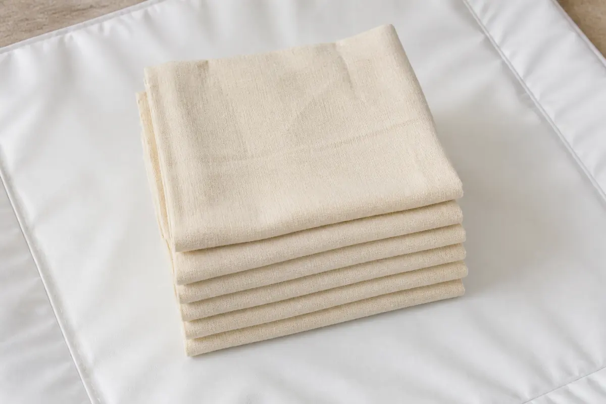 A stack of plain muslin squares on a white changing mat