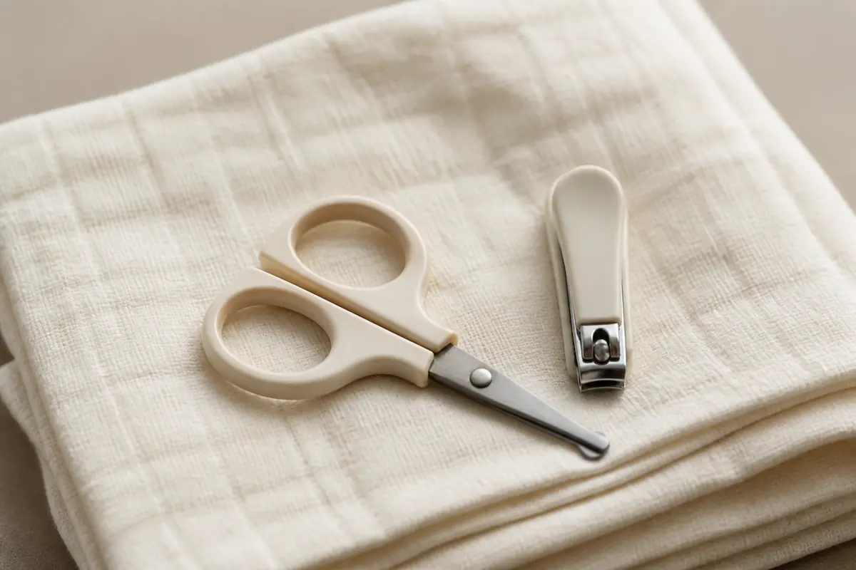 Baby nail scissors and a round-tipped clipper on a muslin