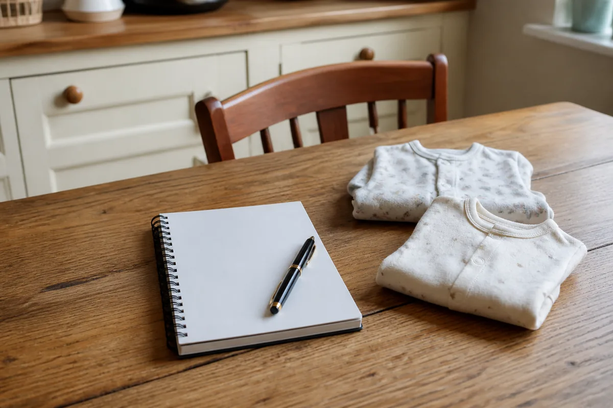 A notebook with a short baby-name list beside a pen on a UK kitchen table