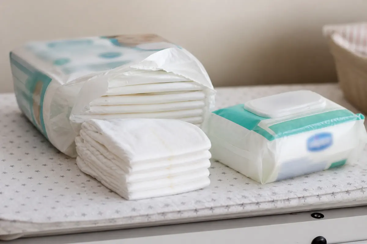 An open pack of newborn nappies beside unscented wipes