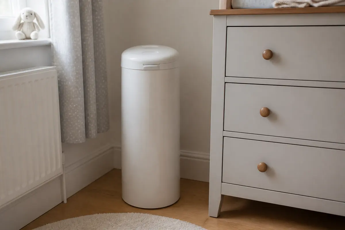 A lidded nappy bin in the corner of a nursery, lid closed