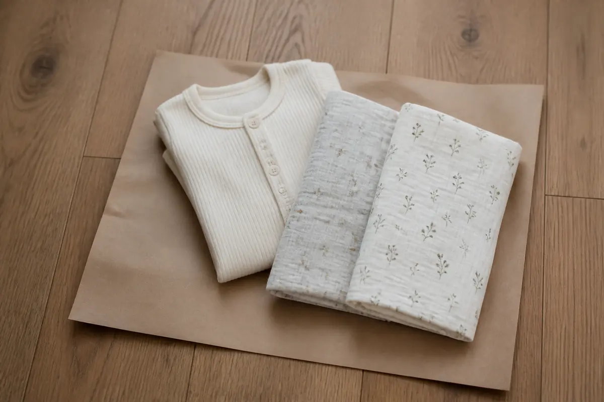Kraft paper, one sleepsuit and two muslins on a wooden floor
