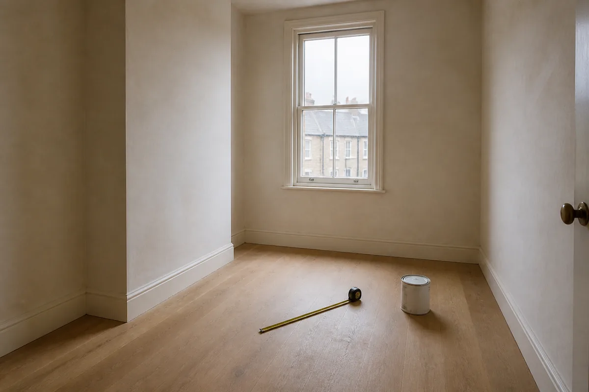 An empty UK box room with a tape measure on the floorboards and a tin of paint