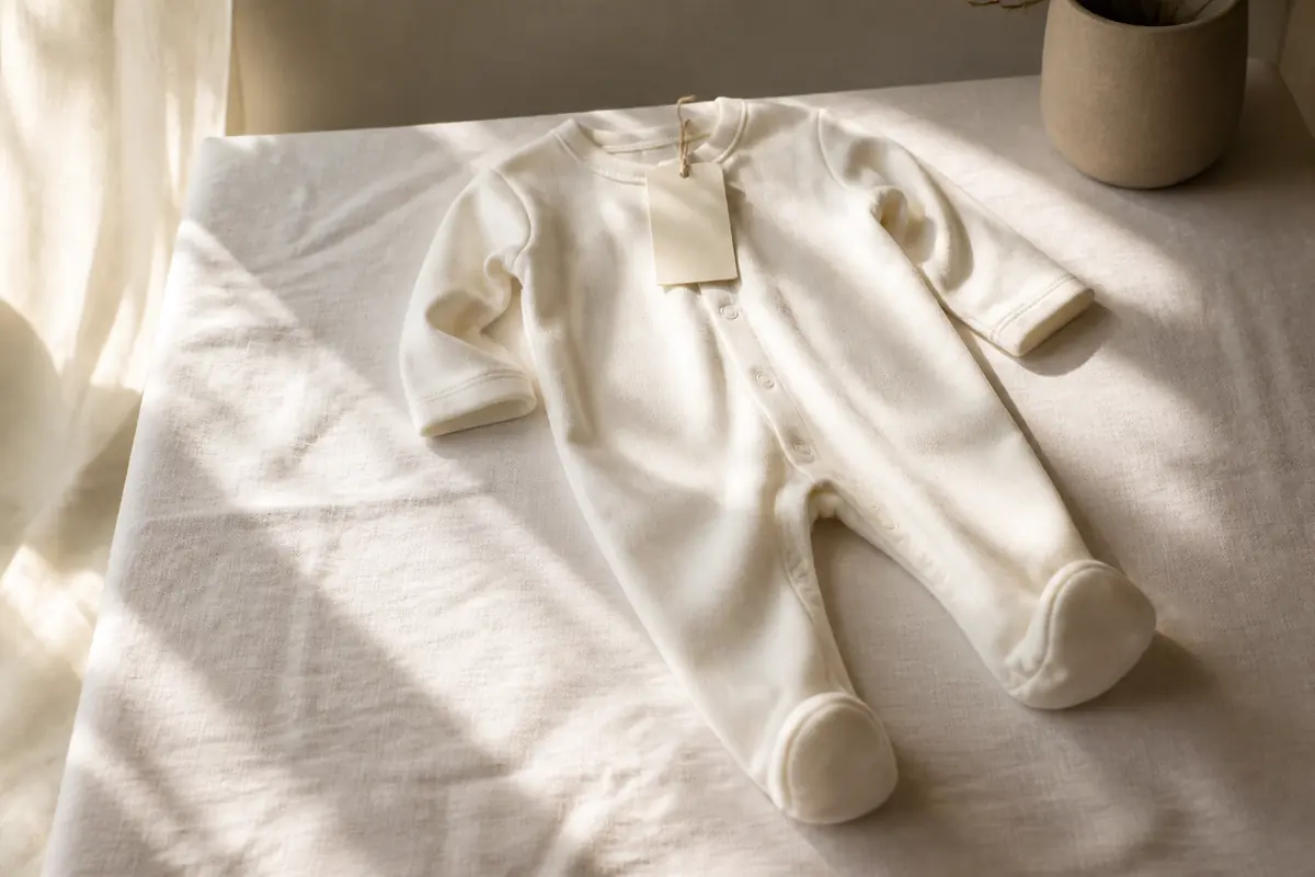 A cream baby sleepsuit with a blank cotton hangtag on a linen table by a window