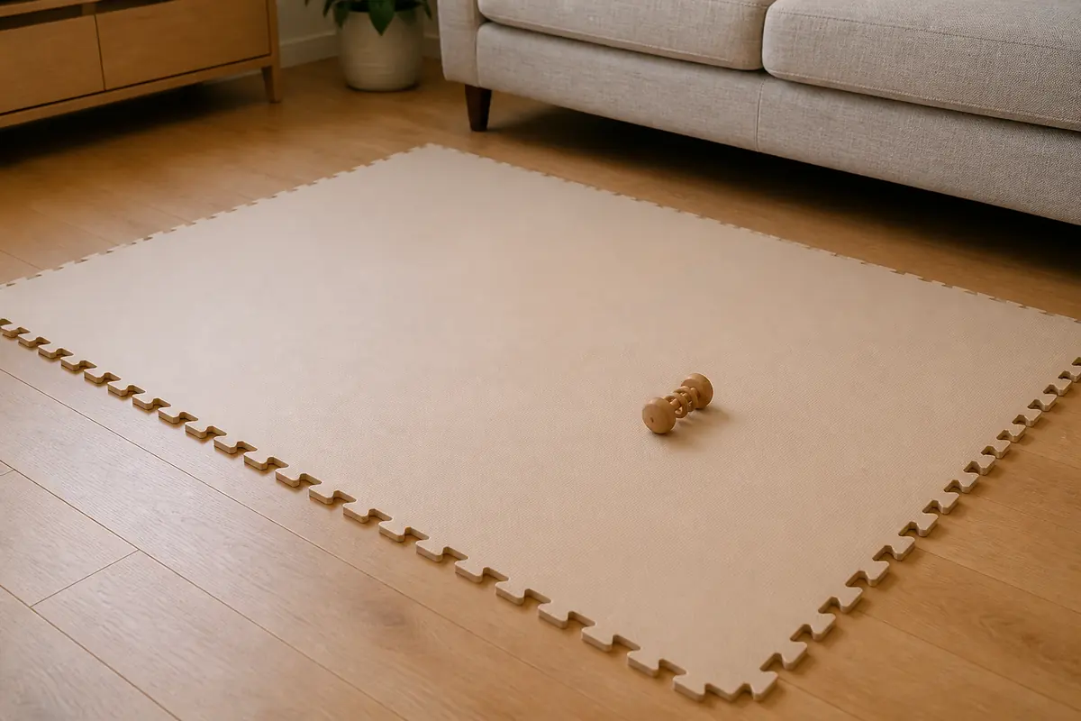 A plain play mat on a living-room floor with one wooden rattle
