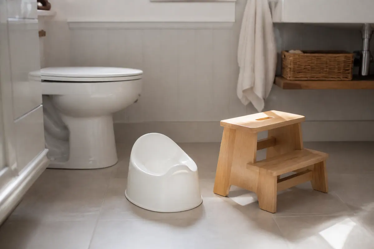 A simple potty on a bathroom floor next to a small step