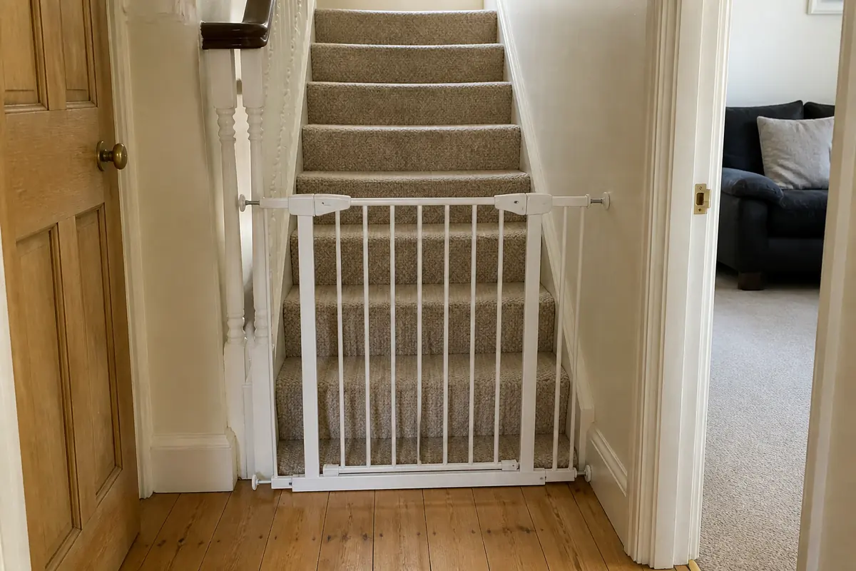 A stair gate fitted at the bottom of a UK staircase
