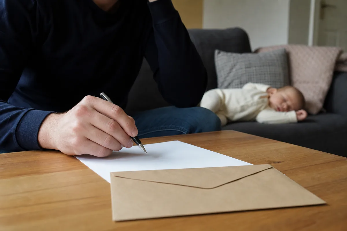 A parent filling in a form at a table while a baby sleeps on a sofa