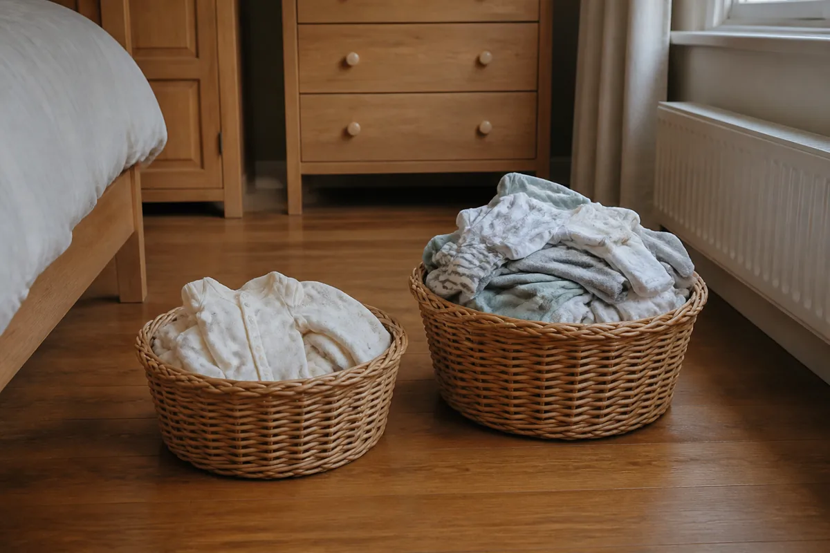 Two baskets of folded baby clothes in different sizes on a bedroom floor