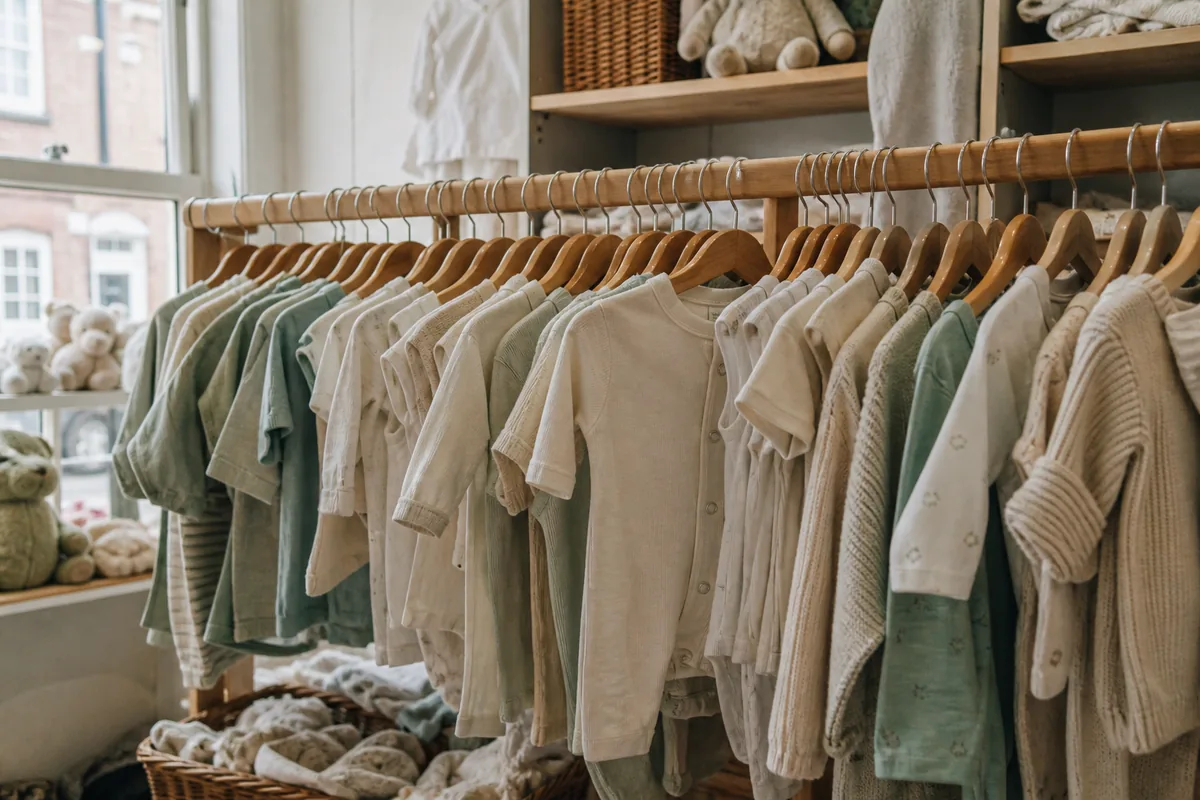 A wooden rail of plain unbranded baby sleepsuits in a charity-shop style room