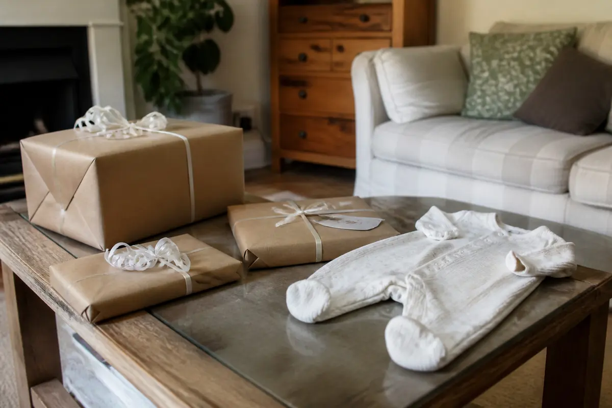A baby-shower table with wrapped parcels and a simple sleepsuit gift