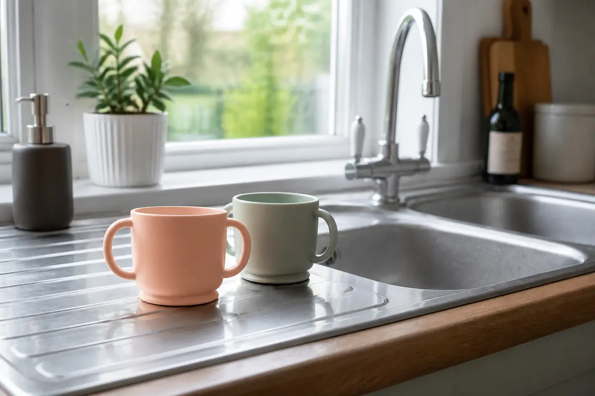 Two trainer cups on a kitchen draining board