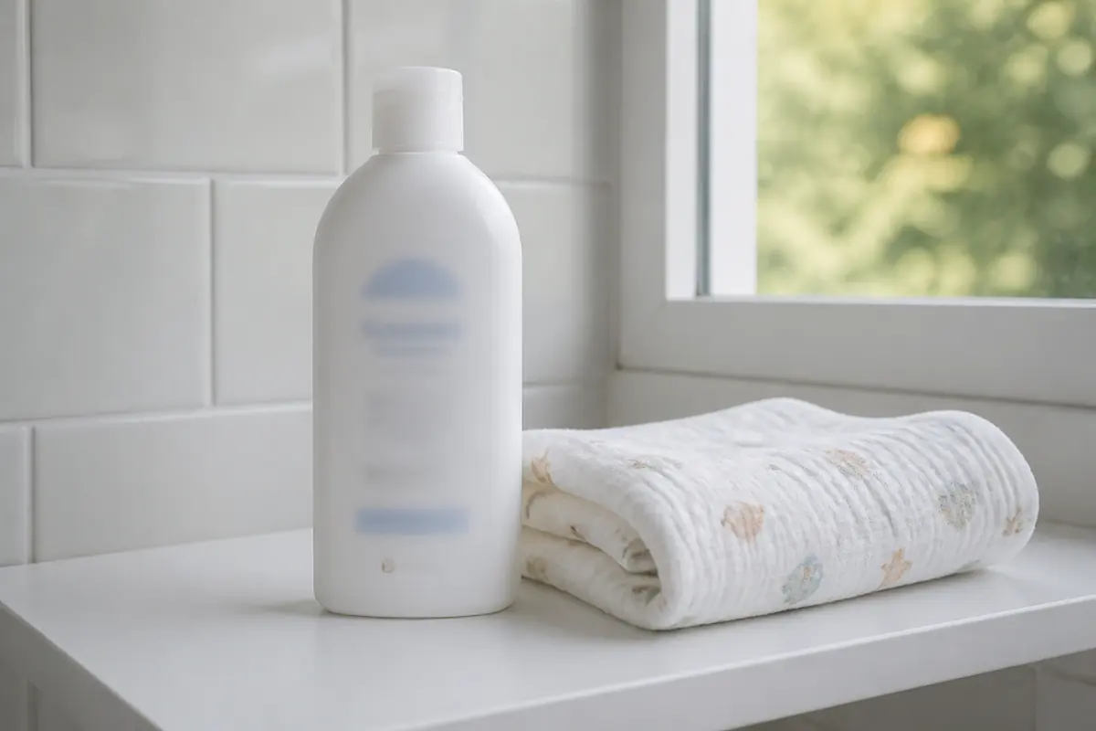A fragrance-free baby lotion bottle beside a muslin on a bathroom shelf