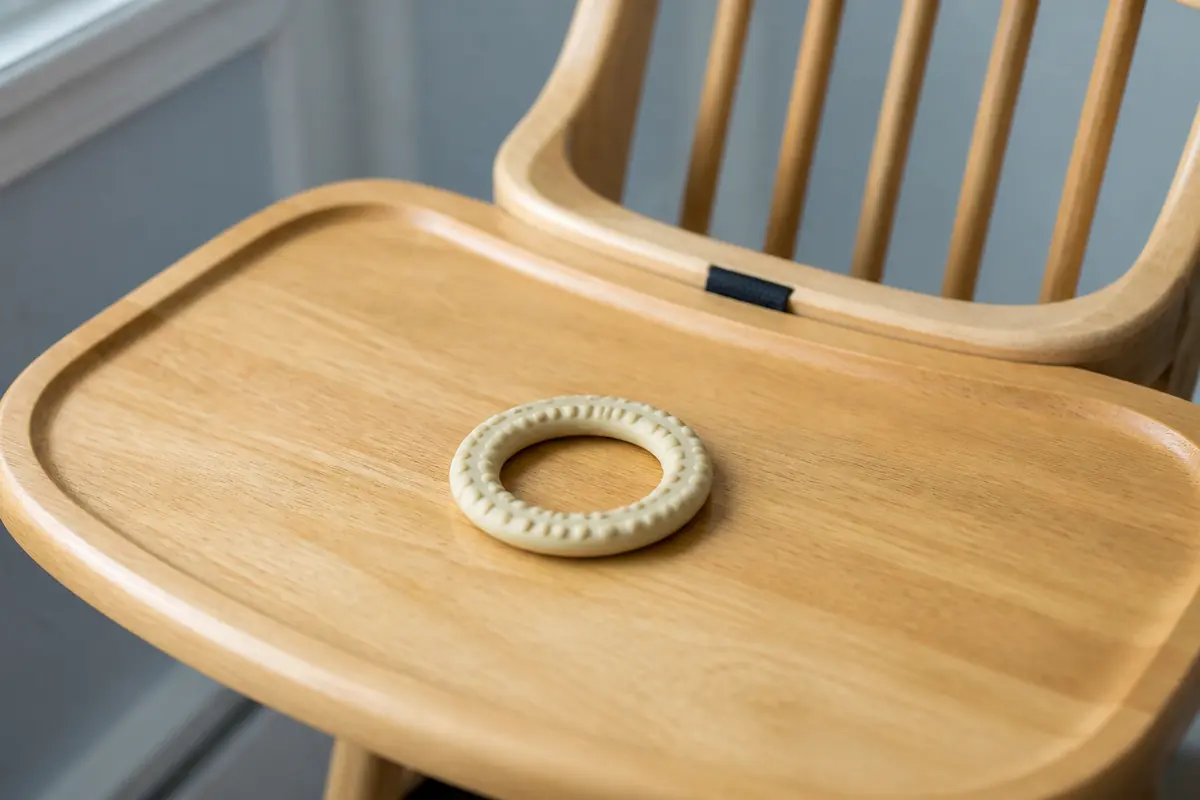 A simple rubber teething ring on a wooden high-chair tray