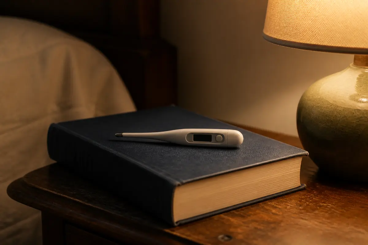 A digital baby thermometer on a bedside book