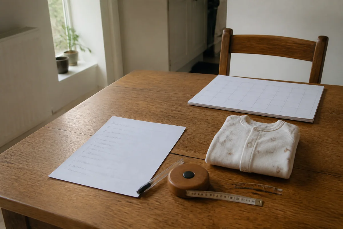 A paper list, tape measure and folded sleepsuit on a UK kitchen table