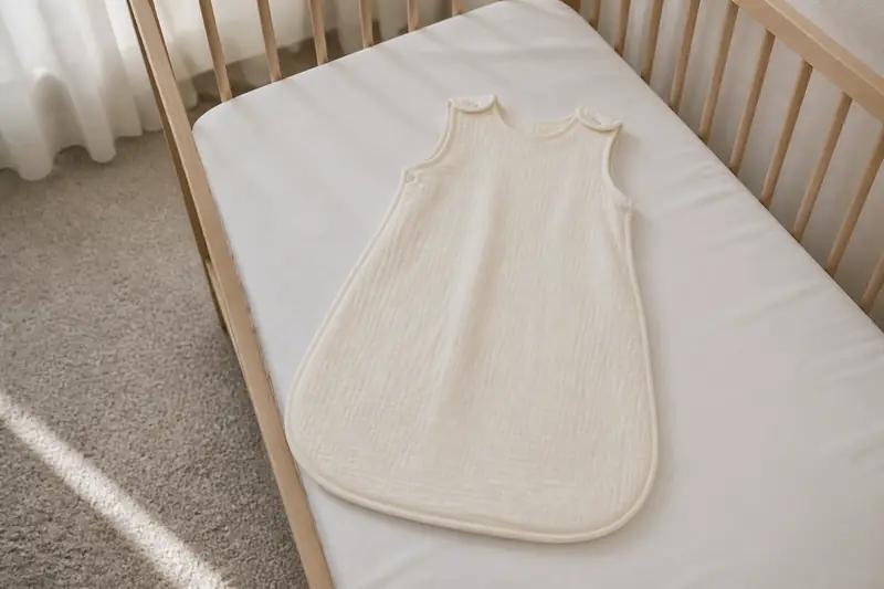 A plain baby sleeping bag laid flat on a cot mattress