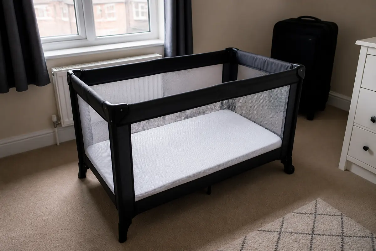 A travel cot set up in a spare room, mattress flat, no extras