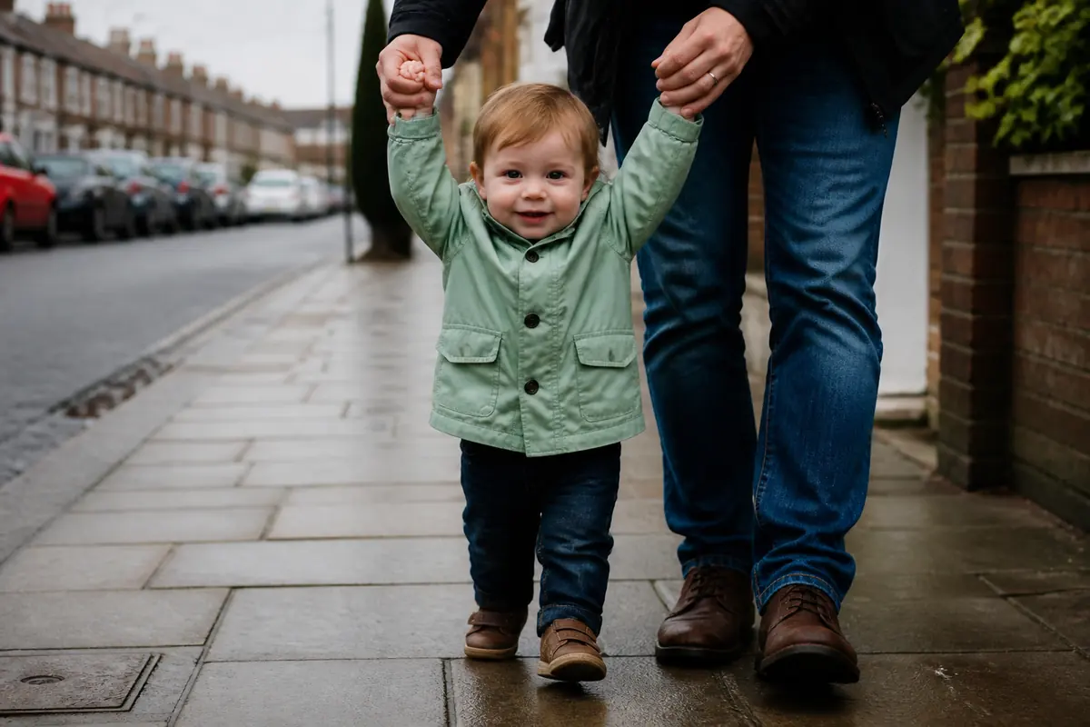 A toddler walking holding a parent’s hands on a UK pavement, no walker in sight