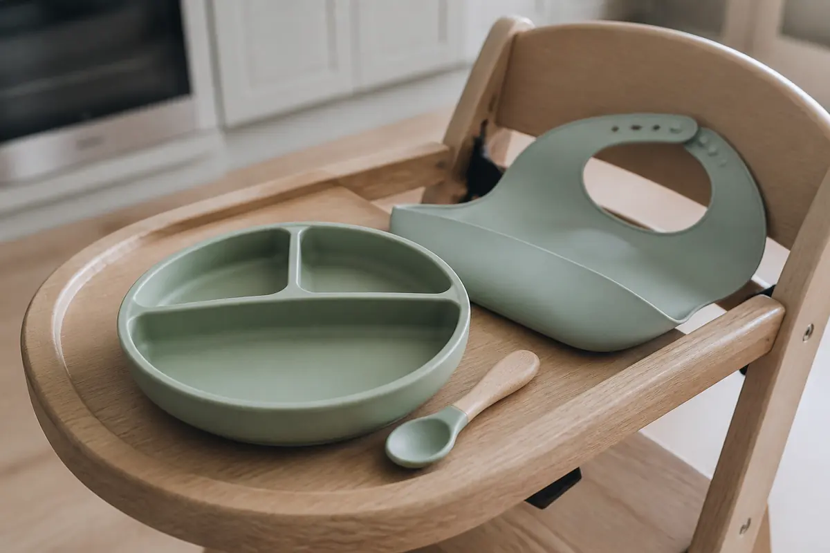 A silicone weaning plate, spoon and bib on a high-chair tray