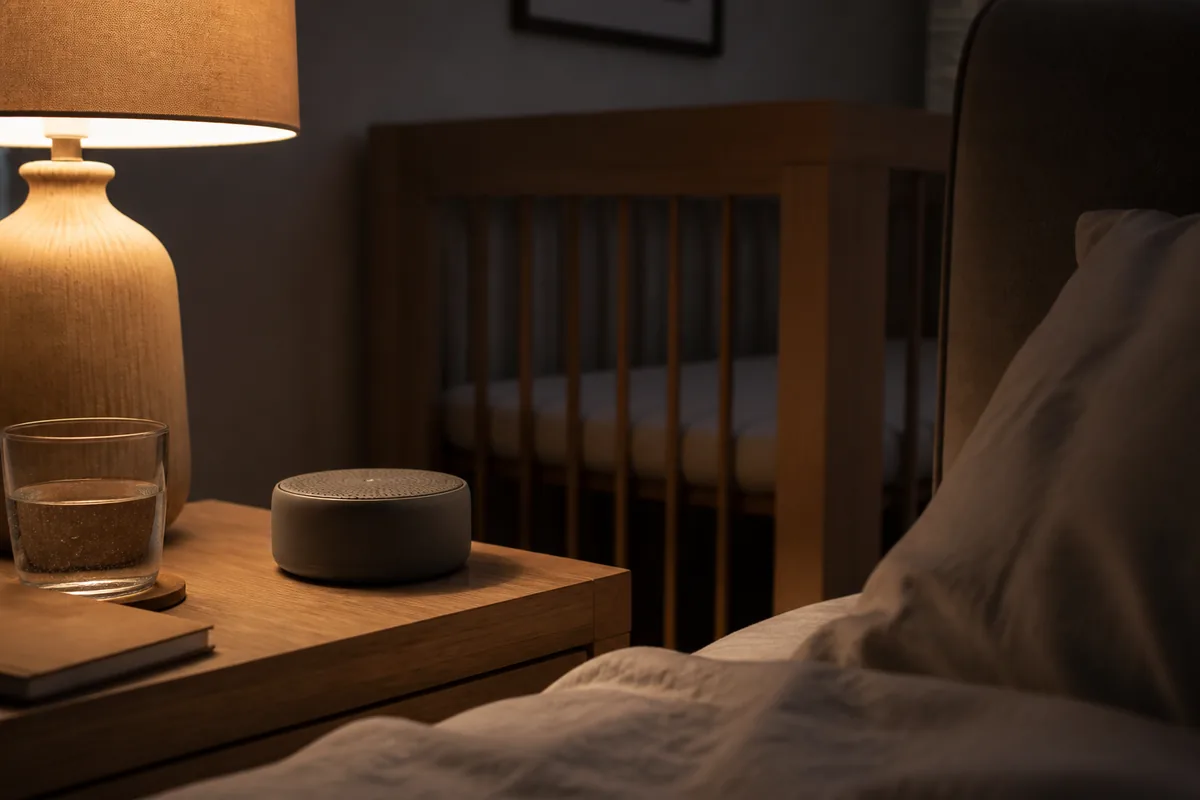 A small unbranded speaker on a wooden bedside table in a dim UK bedroom